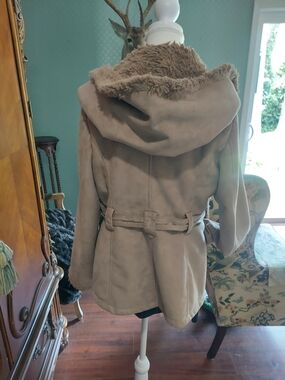 Jones New York Taupe Hooded Faux-Suede Coat with Faux-Fur Trim